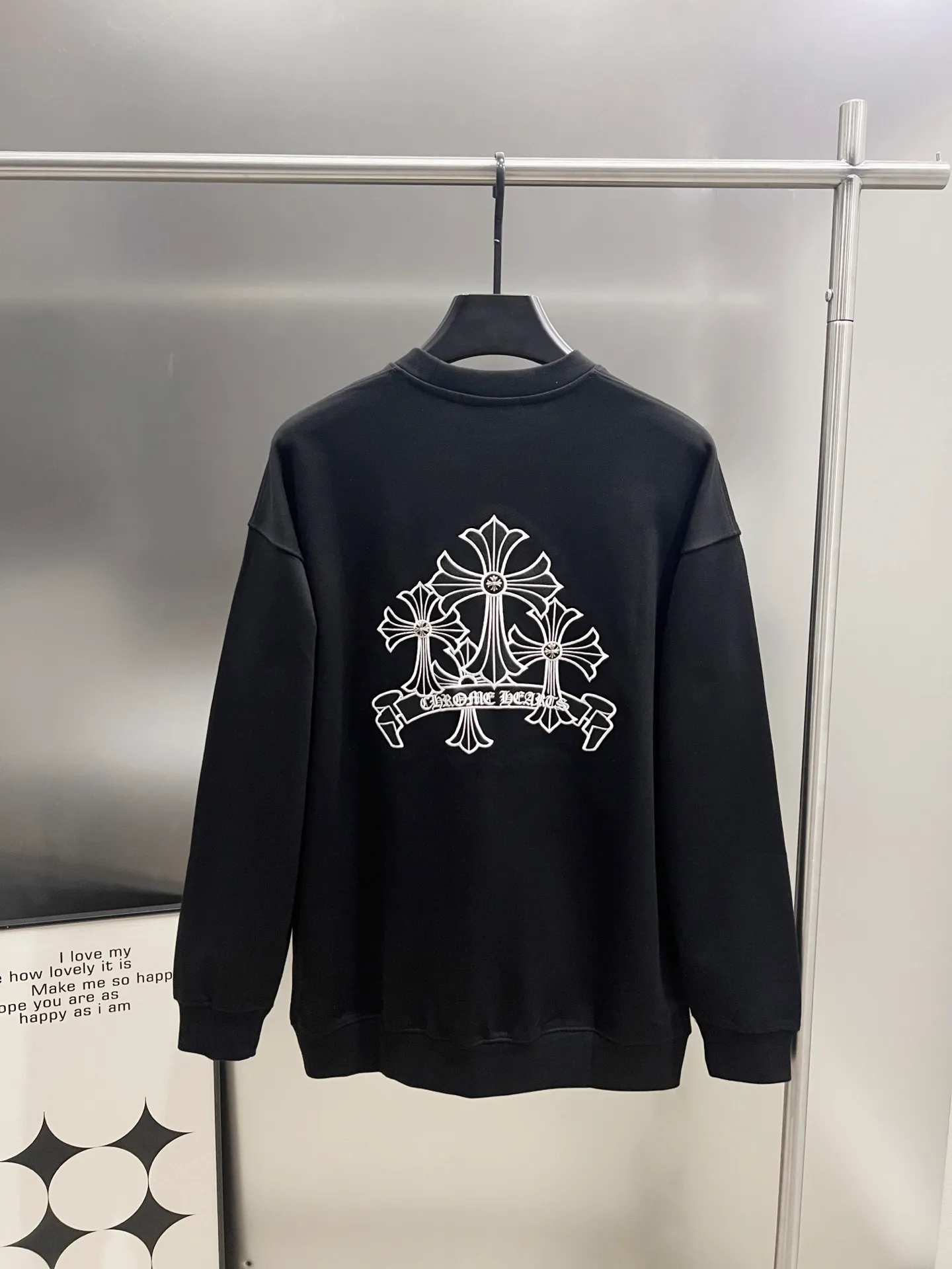 🅿️310 CH Cro 2025 Autumn and Winter New Customized 430g Double Yarn Fabric Round Neck Long Sleeve Sweater Chest Cross Pastel Embroidery Technology Classic Sanskrit Letters Embroidery Pastel + Hardware Design Technology High-end Version! The same loose version for men and women S M L XL XXL five sizes color black white